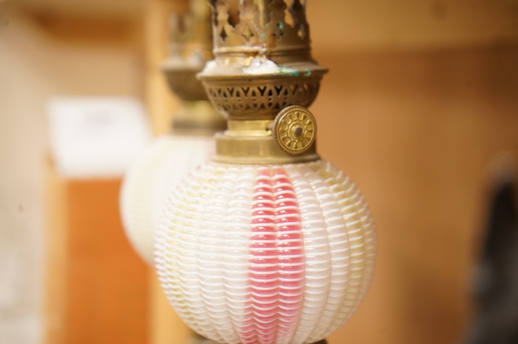 A pair of Victorian brass oil lamps with Webb style reservoirs, 33cm high